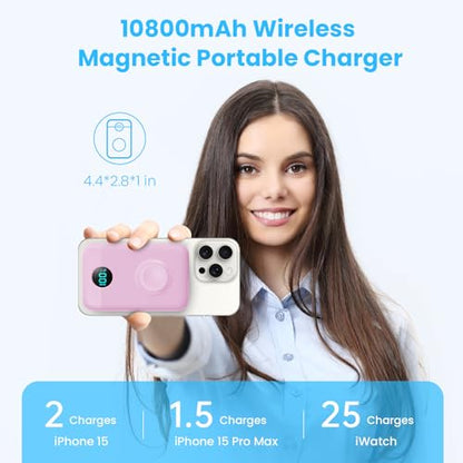 Magnetic Portable Charger for iPhone,10800mAh 25W PD Fast Charging Wireless Power Bank,4 Outputs Travel Essential Battery Pack for Magsafe,iPhone 18 Pro/18 Pro Max/17/16/15/14/13/12,Apple Watch,Pink - color: Pink