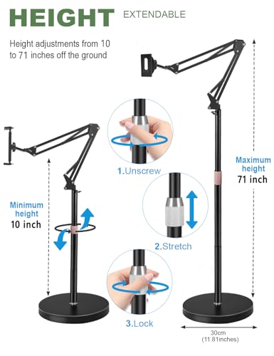 Tablet Floor Stand, Overhead Bed Phone Stand with 8.8 lb Super Stable Base & Angle/Height Adjustable, Compatible with 4.5''-13'' iPhone, iPad Pro 12.9, Galaxy Tab, Kindle, Phones