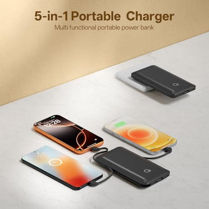 Brand Q Portable Charger with Built-in Cables and AC Wall Plug,Slim USB C Travel Essential Power Bank 10000mAh,External Battery Pack Compatible with iPhone,Samsung,Tablet and All Smart Phones - color: Black