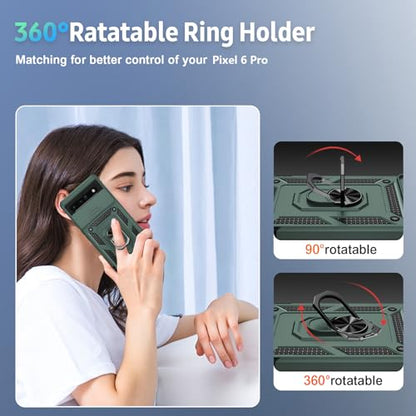 VINVE for Google Pixel 6 Pro Case with Slide Lens Cover, Military Grade Drop Protection, Magnetic Rotated Ring Holder Kickstand Protective Phone Case (Pine Green) - color: Pine Green ,Military Grade 2nd gen.
