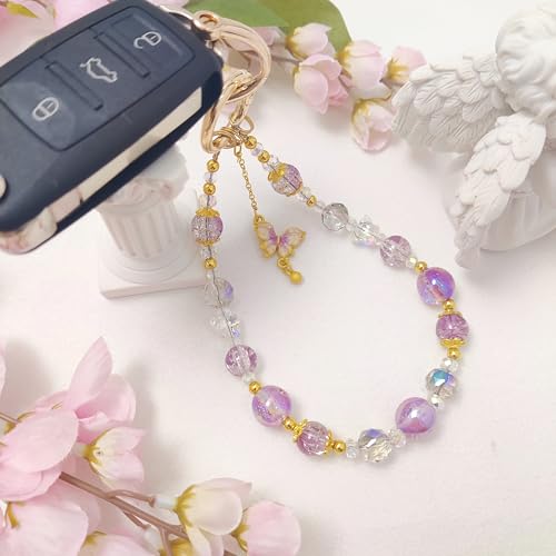 Cute Phone Wrist Strap Chic Beaded Cellphone Lanyard Phone Charm Grip Strap - color: Purple Butterfly