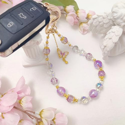 Cute Phone Wrist Strap Chic Beaded Cellphone Lanyard Phone Charm Grip Strap - color: Purple Butterfly