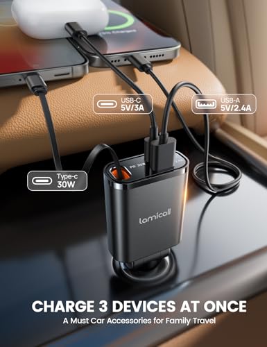 Lamicall Retractable Car Charger USB C 57W Charging for iPhone 18 17 16 Duo - color: Upgrade-Black