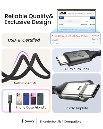 Silkland 80Gbps USB 4 for Thunderbolt 5 Cable 4FT, 120Gbps Bandwidth, 240W - size: 4 Feet