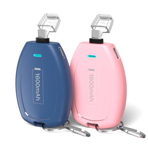 (2-Pack USB C Keychain Portable Charger, 1600mAh Mini Power Bank Ultra-Compact Battery Pack Power Emergency pod for iPhone 17/16/15 / Android Type-C Phones Samsung, Pixel, Moto etc-Pink&Blue