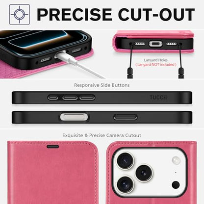 TUCCH Wallet Case for iPhone 17 Pro (6.3") 2025, Flip Stand, Hot Pink | RFID Blocking, 4 Card Holders, Kickstand, PU Leather, Shockproof TPU Shell, Magnetic Closure, Protective Folio Cover - color: Hot Pink