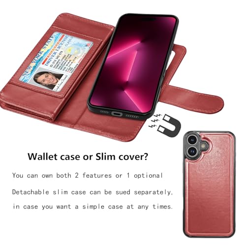 NJJEX Compatible with iPhone 16 Wallet Case, 9 Card Slots, Wine Red | PU leather folio flip, detachable magnetic phone cover, integrated kickstand, included lanyard - color: Wine Red, size: iPhone 16