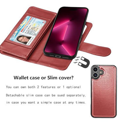 NJJEX Compatible with iPhone 16 Wallet Case, 9 Card Slots, Wine Red | PU leather folio flip, detachable magnetic phone cover, integrated kickstand, included lanyard - color: Wine Red, size: iPhone 16