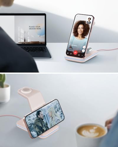 Charging Station for Apple Wireless Charger: 3 in 1 Phone Charger Stand for iPhone 17 16 15 14 13 12 11 SE X Pro Max Plus - Apple Watch Ultra 11 10 9 8 SE 7 6 5 4 3 - Air-Pods 2 3 Pro - color: Pink