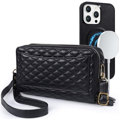 Harryshell Compatible with iPhone 16 Case Wallet Multi Zipper Detachable Removable Cover Purse with RFID Blocking Card Slots Holder Mirror Crossbody Strap (Compatible with Magsafe - Black) - color: Compatible with Magsafe - Black, size: iPhone 16