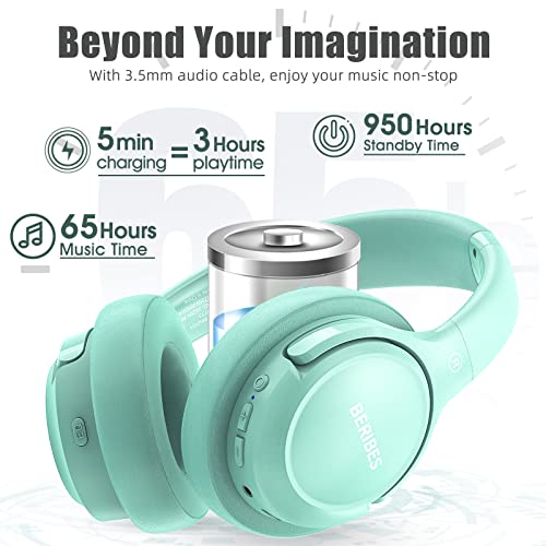 BERIBES Bluetooth Headphones Over Ear Wireless HiFi Stereo Headsets 65H 6EQ - color: Green