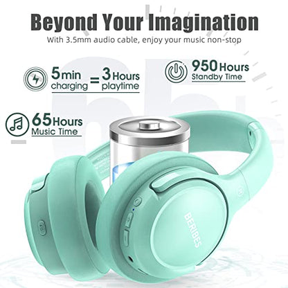 BERIBES Bluetooth Headphones Over Ear Wireless HiFi Stereo Headsets 65H 6EQ - color: Green