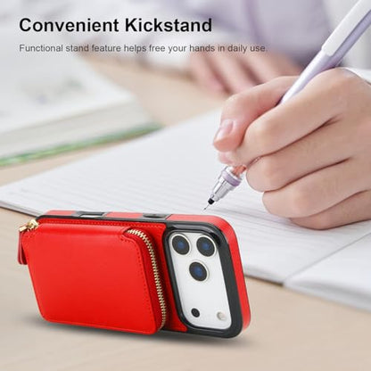 Bocasal Multi-Slot Crossbody Wallet Case for iPhone 17 Pro Max, Red | RFID Blocking PU Leather Purse Case with Card Holder, Handbag Flip Cover with Zipper Wrist Strap Lanyard for Women 6.9 Inch - color: Red