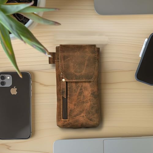 Leather Village Genuine Leather 7”x3.5” Phone Holster Pouch with Belt Clip, Magnetic Closure, ID Card Holder - Brown Universal Case for iPhone, Samsung Galaxy, Google Pixel - color: Distressed Brown