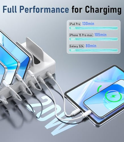 96W Charging Station for Multiple Devices,6 Ports USB C Organizer Charger