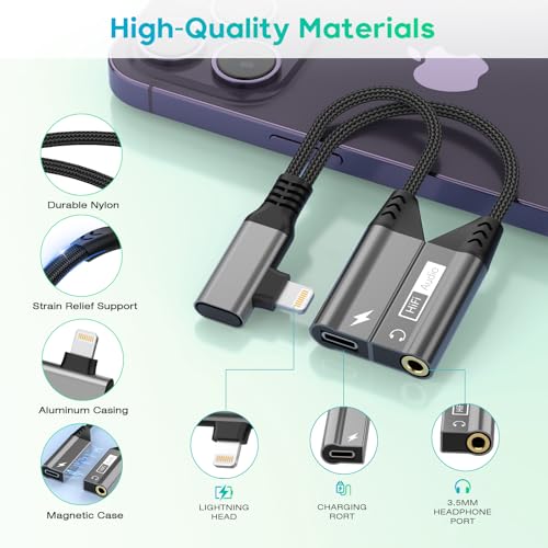 Magnetic 2-IN-1 Right Angle Lightning to 3.5mm Audio Jack Headphone and Charge Cable Adapter for iPhone,90 Degree Earphone Converter Splitter Support Music+Charge+HiFi+Mic for iPhone14 13 12 11