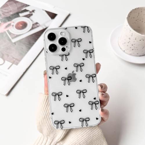 NITITOP Compatible with iPhone 13 Pro Max Case Clear Cute Bow Ribbon Love Heart Pattern for Women Girls Bowknot Full Camera Lens Soft TPU Slim Shockproof Protective Cover - Black - color: Black, size: iPhone 13 Pro Max