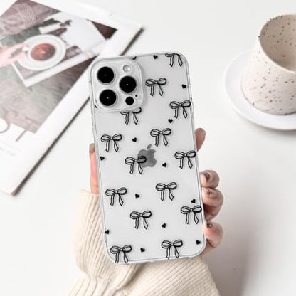 NITITOP Compatible with iPhone 13 Pro Max Case Clear Cute Bow Ribbon Love Heart Pattern for Women Girls Bowknot Full Camera Lens Soft TPU Slim Shockproof Protective Cover - Black - color: Black, size: iPhone 13 Pro Max