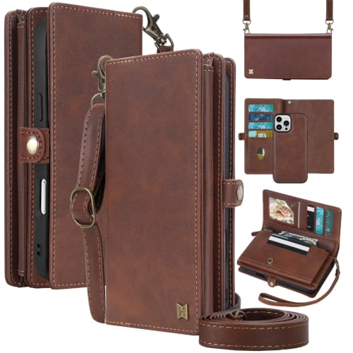 for Wallet Case Compatible with iPhone 16 Pro,Multi-Function Detachable 2 in 1 Magnetic iPhone 16 Pro Case Wallet,Flip Strap Zipper Card Holder Phone Case with Shoulder Straps(Brown) - color: Brown, size: iPhone 16 pro