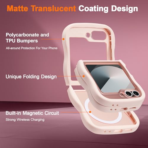 UEEBAI Magnetic for Samsung Galaxy Z Flip 5/Z Flip 6/7 FE Case, Compatible with MagSafe, Transparent Clear Wave Frame Design Soft Edge Cover Matte Shockproof Phone Case- Pink - color: Pink, size: Samsung Z Flip 7 FE/Z Flip 6/Z Flip 5 5G