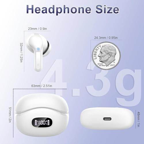 Wireless Earbuds, 2025 Bluetooth 5.4 Headphones Bass Stereo, Ear Buds with 4 Mics ENC Noise Cancelling, Bluetooth Earbuds 48H Playtime LED Display Charging Case, IP7 Waterproof in Ear Earphones white - color: White