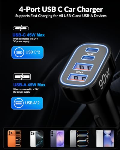 Car Charger USB C, 90W 4-Port Cigarette Lighter USB Charger Adapter, 2 Pack - style: 2-Pack