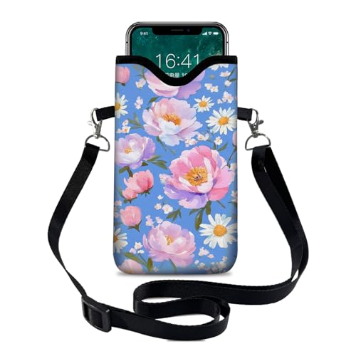 Neoprene Cell Phone Sleeve Pouch Case Bag with Crossbody Strap Neck Lanyard for Women 7.1 X 3.9 in Blue Flower - color: Blue Flower