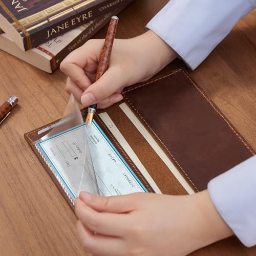 CoBak Genuine Leather Checkbook Cover for Women & Men, with RFID Blocking | Classic Design Check Book Holder for Personal and Business - color: *Genuine Leather Brown