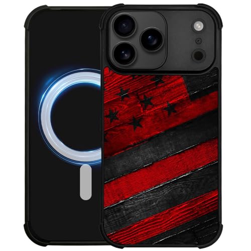 DJSOK Case for iPhone 17 Pro,Compatible with MagSafe,Anti-Scratch Shockproof Case,Black Red Wood Grain American Flag - color: Black red wood grain American flag, size: IPhone 17 Pro