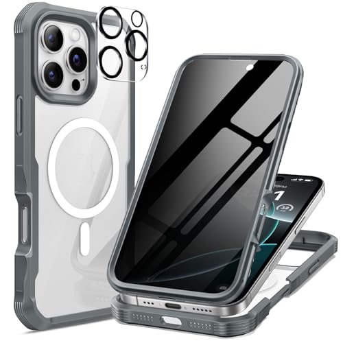 seacosmo for iPhone 16 Pro Max Case, Full Body Bumper with Built-in 9H Tempered Glass Privacy Screen Protector and Camera Lens Protector, Compatible with MagSafe, Shockproof Phone Cover, 6.9", Gray - color: Gray, size: iPhone 16 Pro Max 6.9"