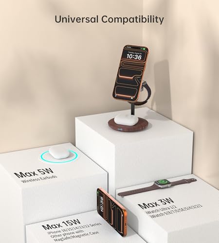 3 in 1 Magnetic Wireless Charging Station for Apple Devices,15W for Magsafe - color: Brown Woodgrain