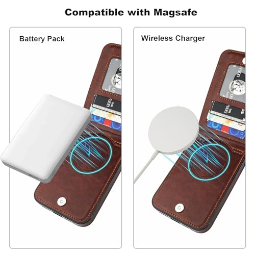 KIHUWEY for iPhone 14 Pro Max Wallet Case Card Holder for MagSafe, Brown | Wireless Charging, RFID, Flip PU Leather, Magnetic Clasp, Kickstand, Heavy Duty Protective Cover - color: Magsafe for Brown