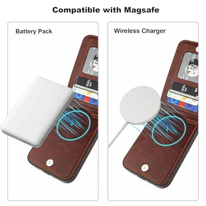 KIHUWEY for iPhone 14 Pro Max Wallet Case Card Holder for MagSafe, Brown | Wireless Charging, RFID, Flip PU Leather, Magnetic Clasp, Kickstand, Heavy Duty Protective Cover - color: Magsafe for Brown