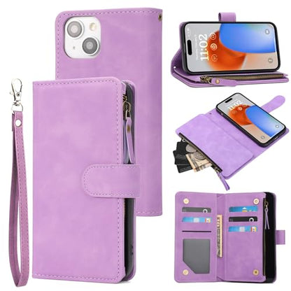 RANYOK Compatible with iPhone 15 Wallet Case with [RFID Blocking] [Zipper Pocket] [Kickstand] [Wrist Strap] PU Leather Wallet Case for iPhone 15 6.1 inch - Purple - color: Purple
