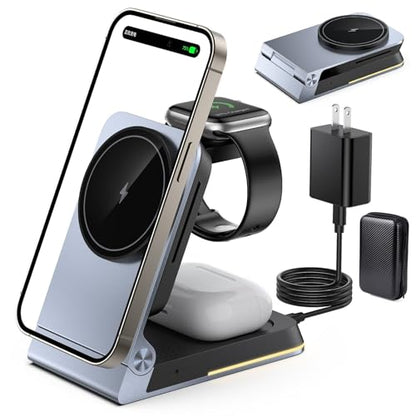 Aluminum 3 in 1 Wireless Charging Station,Foldable Wireless Charger for Apple Magsafe with Light,Portable Travel Magnetic Charger Stand for iPhone 17/16/15/14,Watch,Airpod,with PD 20W Adapter & Case - color: Black
