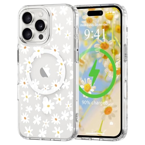 for iPhone 16 Pro Case Flower Clear Magnetic Floral,White | [Compatible with Magsafe], Cute Flower Girls Women Clear Case Silicone Shockproof Protective Cover with Pretty Floral Pattern - color: White, size: iPhone 16 Pro