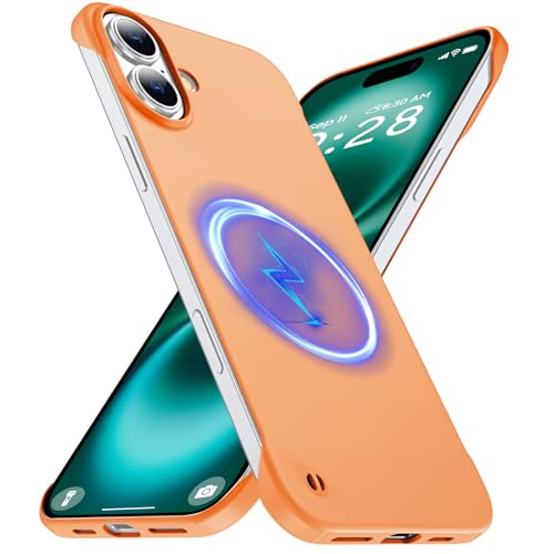 GRECAZO Magnetic Slim Frameless Case for iPhone 16, Orange | Compatible with MagSafe, Soft-Touch Matte Hard PC Cover, Ultra Thin Lightweight Minimalist, Pull Ring Lanyard, 6.1 Inch - color: Orange, size: iPhone 16