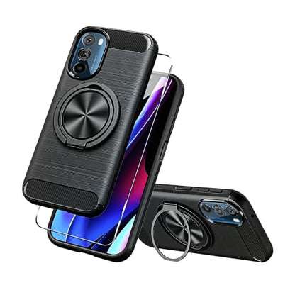 Compatible for Motorola Edge Plus 2022 / Edge Plus 5G UW 2022 Case with Screen Protector, 360° Rotatable Ring Holder & Kickstand, Flexible TPU Rubber Carbon Fiber Jacket Protective Cover Case (Black) - color: Moto Edge plus 2022 Black