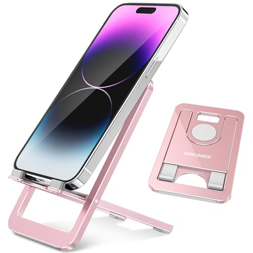 Cell Phone Stand for Desk - Foldable Aluminum Phone Holder, Portable Travel Essentials, Adjustable Desktop Dock for iPhone 17 16 15 14 Pro Max, Android (Pink) - color: Pink.
