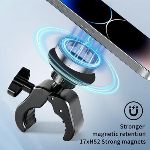 Magnetic Phone Holder Clamp Mount –Strong Magnet Mount for Gym, Microphone Stand, Treadmill, Stroller, Spin Bike, Golf cart, Handlebar,Dia 0.4-2" Rod, compatible with iPhone 16 15 14 13 12 series