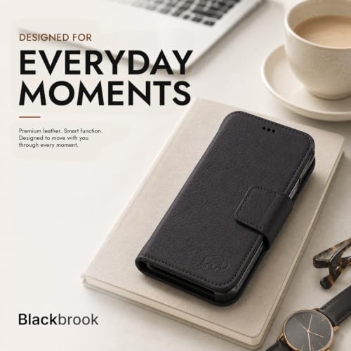 BLACKBROOK Detachable Leather Wallet Case Compatible with iPhone Air | Full-grain detachable folio with RFID blocking, 3 card slots, ID window, built-in kickstand, wireless charging, handcrafted. - color: Pebble Black, size: iPhone 17 Air