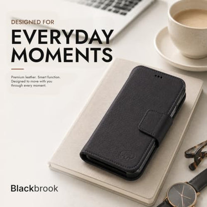 BLACKBROOK Detachable Leather Wallet Case Compatible with iPhone Air | Full-grain detachable folio with RFID blocking, 3 card slots, ID window, built-in kickstand, wireless charging, handcrafted. - color: Pebble Black, size: iPhone 17 Air