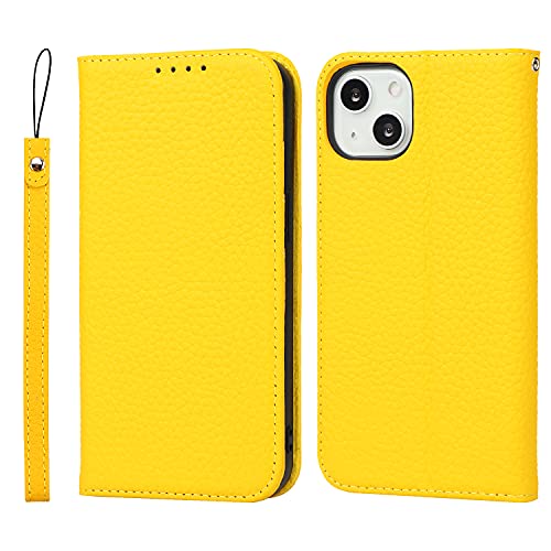 iCoverCase Compatible with iPhone 13 Wallet Case with Credit Card Holder and Wrist Strap, RFID Blocking Genuine Leather Flip Magnetic Phone Cover 6.1 Inch (Yellow) - color: 1-Yellow (No Headphone Storage Belt), size: iPhone 13
