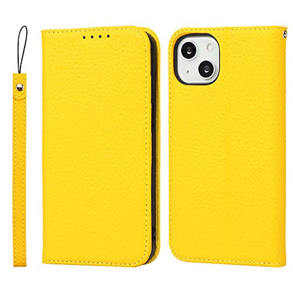 iCoverCase Compatible with iPhone 13 Wallet Case with Credit Card Holder and Wrist Strap, RFID Blocking Genuine Leather Flip Magnetic Phone Cover 6.1 Inch (Yellow) - color: 1-Yellow (No Headphone Storage Belt), size: iPhone 13