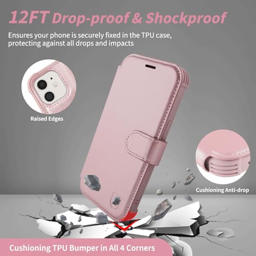 VANAVAGY Wallet Case for iPhone 11 6.1 inch, Rose Gold | 12ft Drop-proof Cover for Women Men, Silm PU Leather, RFID Blocking Card Holder, Wrist Strap, Screen Protector - color: Rose Gold