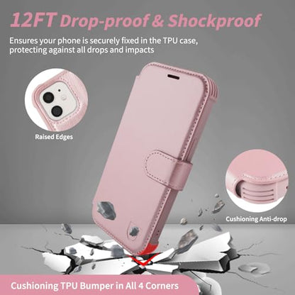 VANAVAGY Wallet Case for iPhone 11 6.1 inch, Rose Gold | 12ft Drop-proof Cover for Women Men, Silm PU Leather, RFID Blocking Card Holder, Wrist Strap, Screen Protector - color: Rose Gold