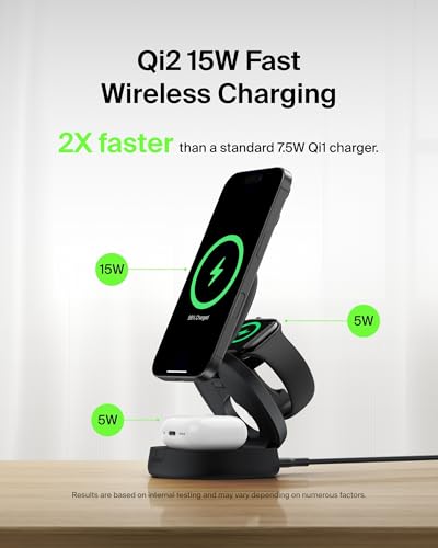 Belkin Qi2 15W Wireless Fast Charging Station, 3 in 1 iPhone Charger - color: Black, style: 3 in 1