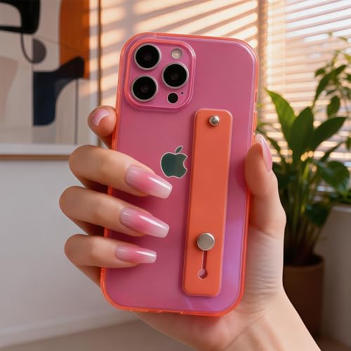 Strap Case for iPhone 12 Pro Max with Stand, Neon Magenta | Wrist Strap Kickstand, Adjustable Finger Hand Grip Loop, Slim Transparent Anti-Scratch Back, Soft Bumper Phone Cover - color: Neon Magenta, size: iPhone 12 Pro Max