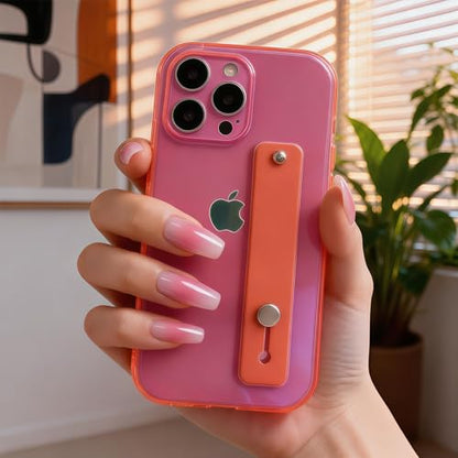 Strap Case for iPhone 14 Pro Max with Stand, Neon Magenta | Wrist Strap Kickstand, Adjustable Finger Hand Grip Loop, Slim Transparent Anti-Scratch Back, Soft Bumper Phone Cover - color: Neon Magenta, size: iPhone 14 Pro Max