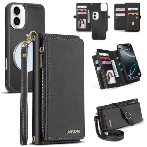 for iPhone 16 Wallet Case, Detachable Magnetic Shockproof Phone Case,Faux Leather Crossbody Wallet,with RFID Blocking，Zipper Card Holder，Shoulder Strap (Black) - color: Black, size: iPhone 16